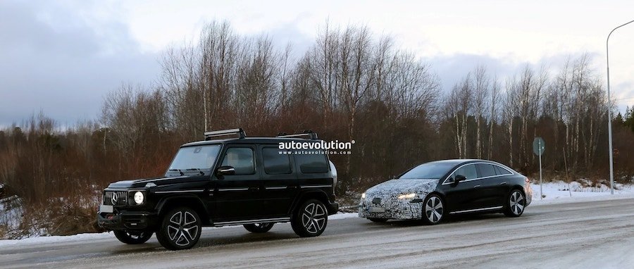2026 Mercedes-Benz EQS Facelift Prototype Spied Getting Towed by a G-Class